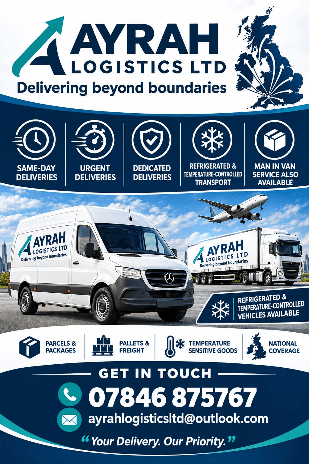 Ayrah Logistics service poster — same-day, urgent, dedicated and refrigerated deliveries, nationwide coverage