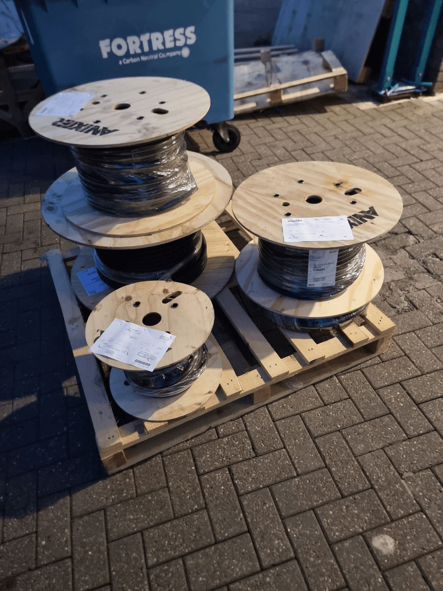 Palletised cable reels ready for collection